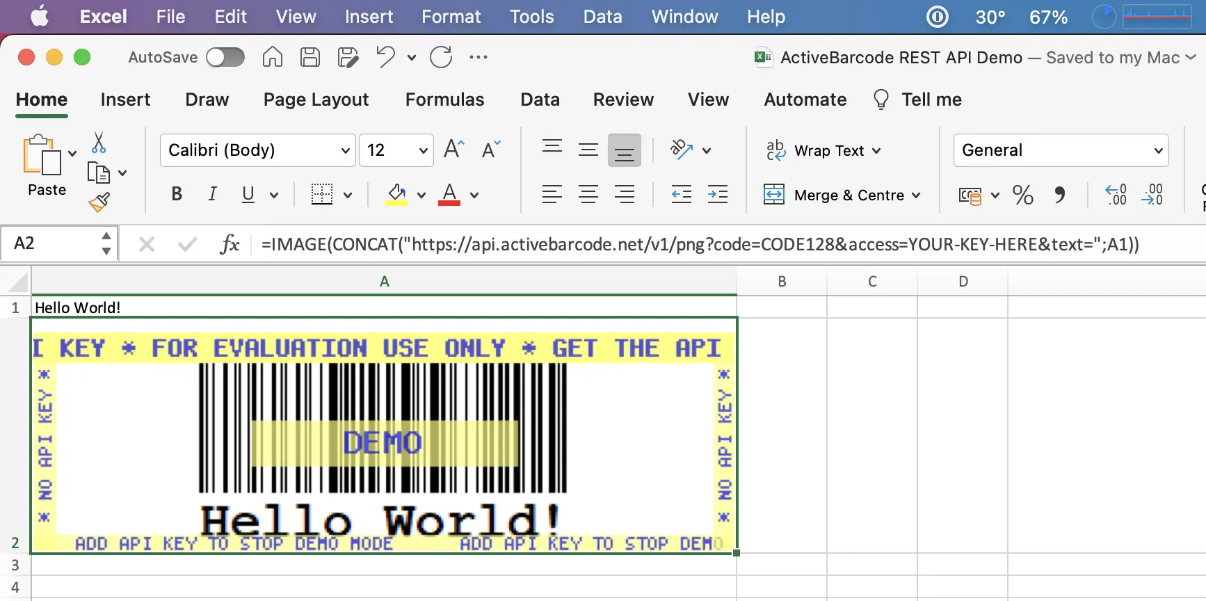 This screenshot shows the resulting barcode in Excel for Mac that encodes the content of cell A1.