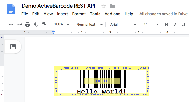 This screenshot shows the resulting barcode in Google Docs when inserting an image with the URL shown above.