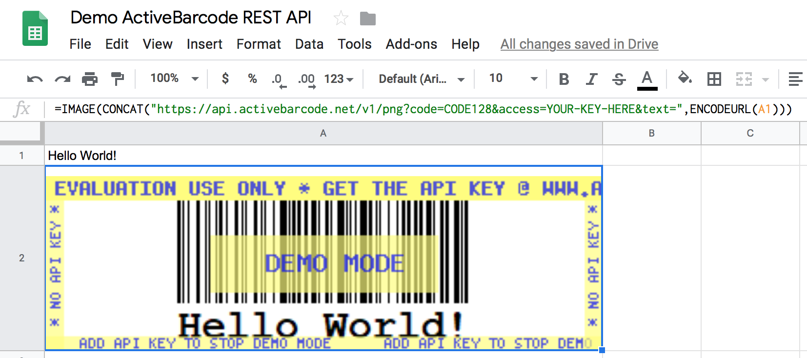 This screenshot shows the resulting barcode in the Google Sheet that encodes the content of cell A1.