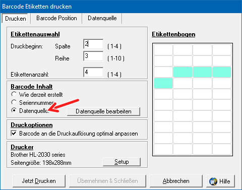 ActiveBarcode: Barcode labels with imported data
