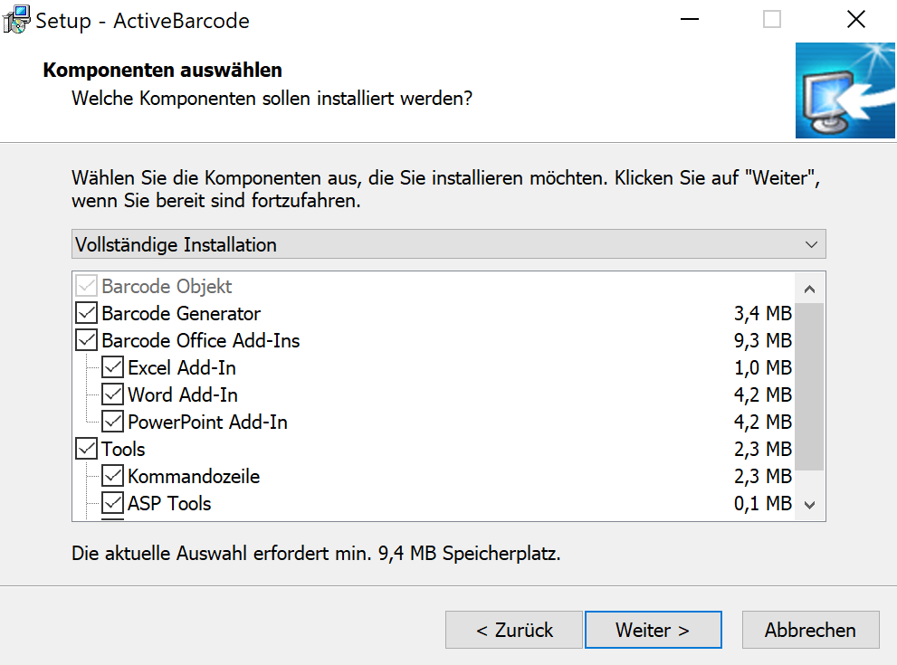ActiveBarcode: ActiveBarcode Setup Auswahl