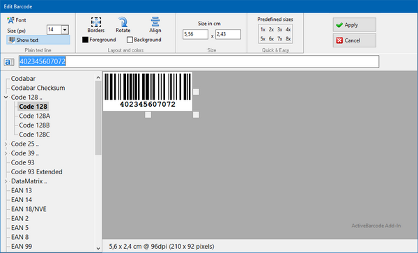 Add-In Barcode Dialog