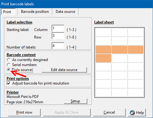 Barcode labels with imported data