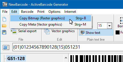 ActiveBarcode: Edit menu