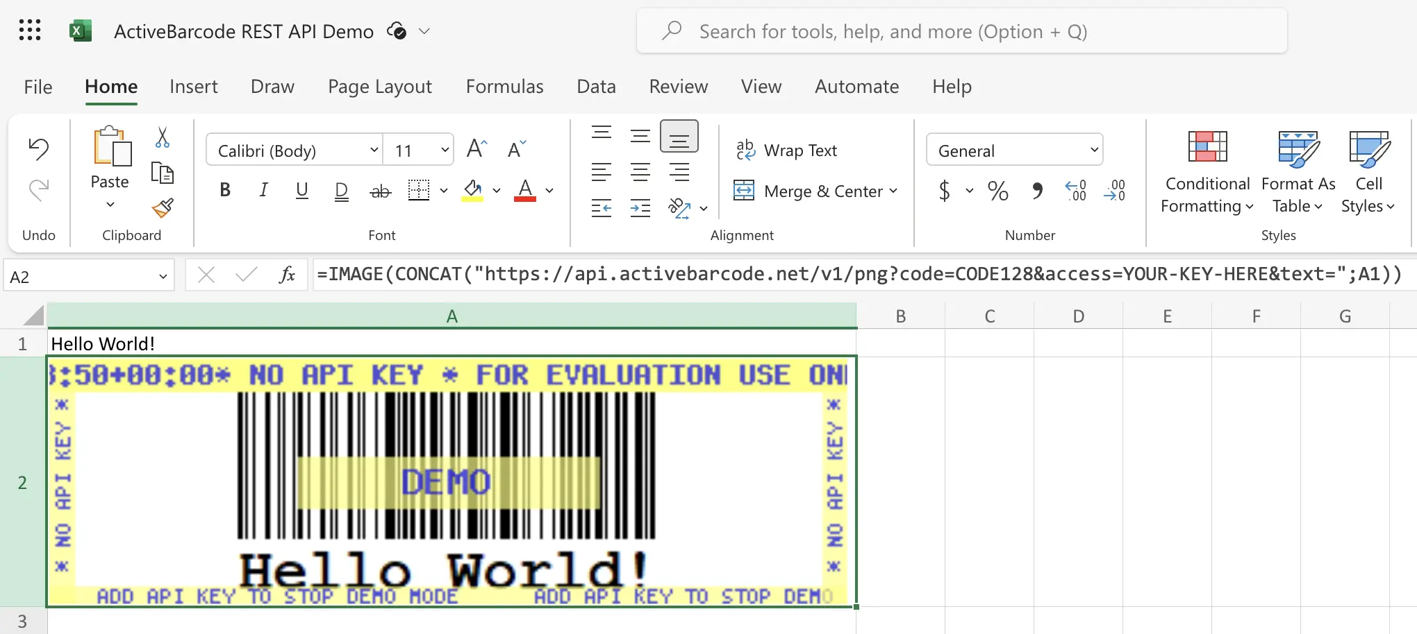 And this screenshot shows the resulting barcode in Excel for Web.