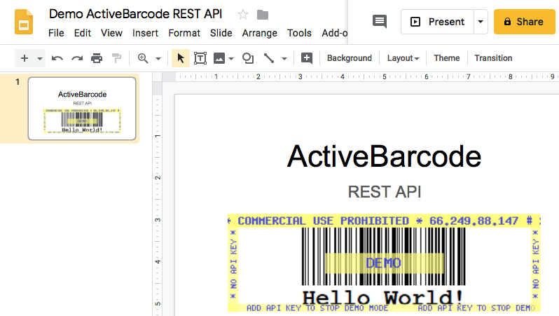 This screenshot shows the resulting barcode in Google Slides when inserting an image with the URL shown above.