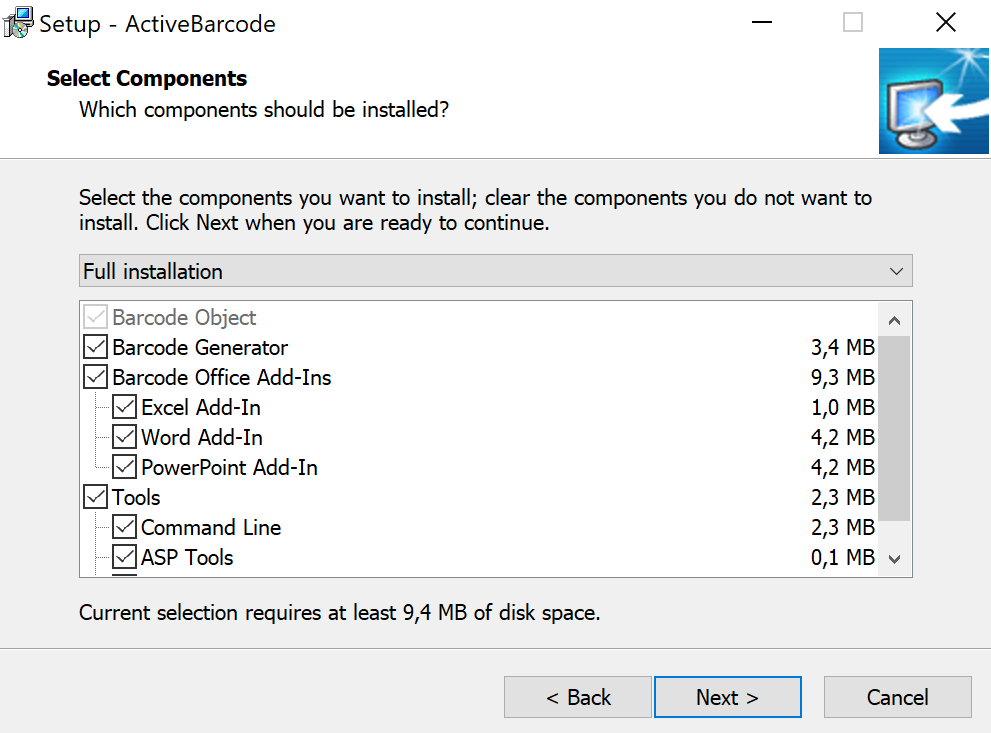 ActiveBarcode Setup Selection