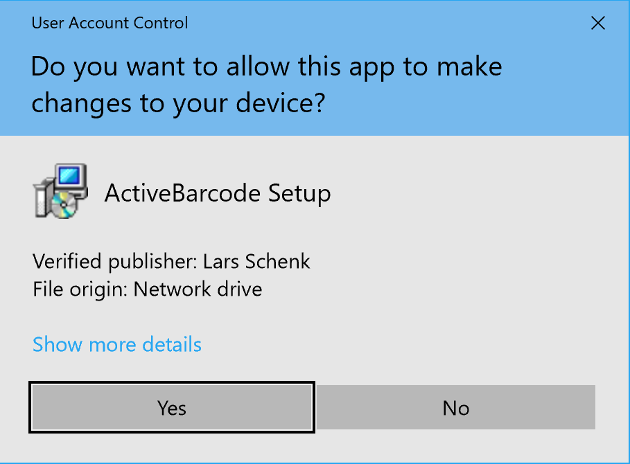 ActiveBarcode Setup User Account Control